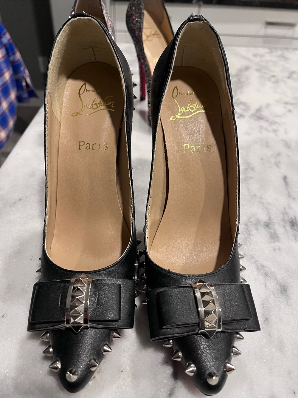 Christian Louboutin Black Studded Bow Pointed-Toe Pumps
